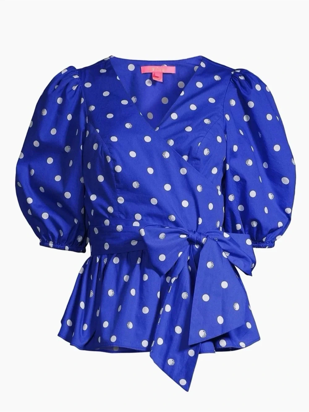 Lilly Pulitzer Royal Blue and White Polka Dot Tie-Waist Puff Sleeve Blouse